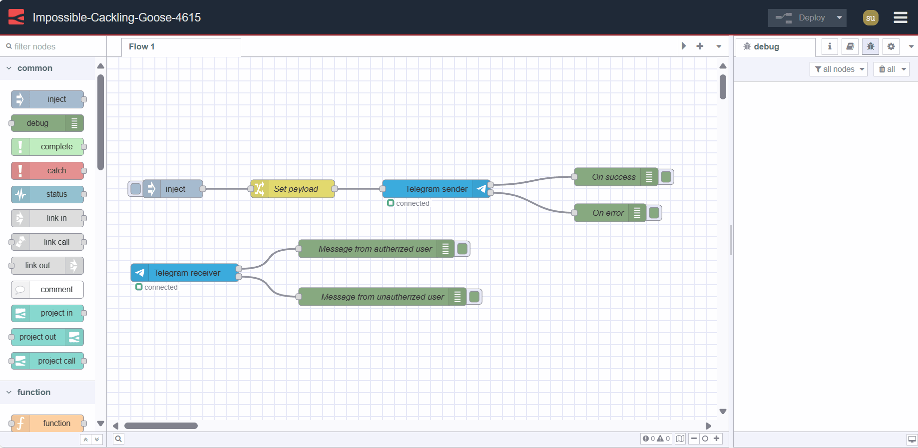 Screenshot displaying Node-RED flow for sending and receiving telegram messages "Screenshot displaying Node-RED flow for sending and receiving telegram messages"