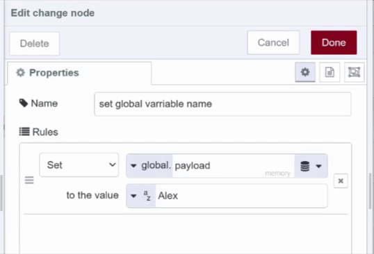 "Screenshot showing how to set global variable using the change node"